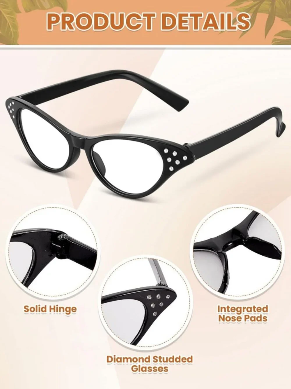 Vintage Cat Eye Glasses for 50s Sock Hop Party, Retro Costume Accessory